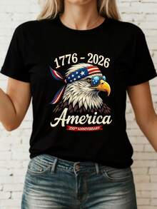 Black T-Shirt With Patriotic Eagle 1776-2026 America 250th Anniversary American Style Bandana And Sunglasses National Bird Design For Men And Women - 黑色 - 查看 1