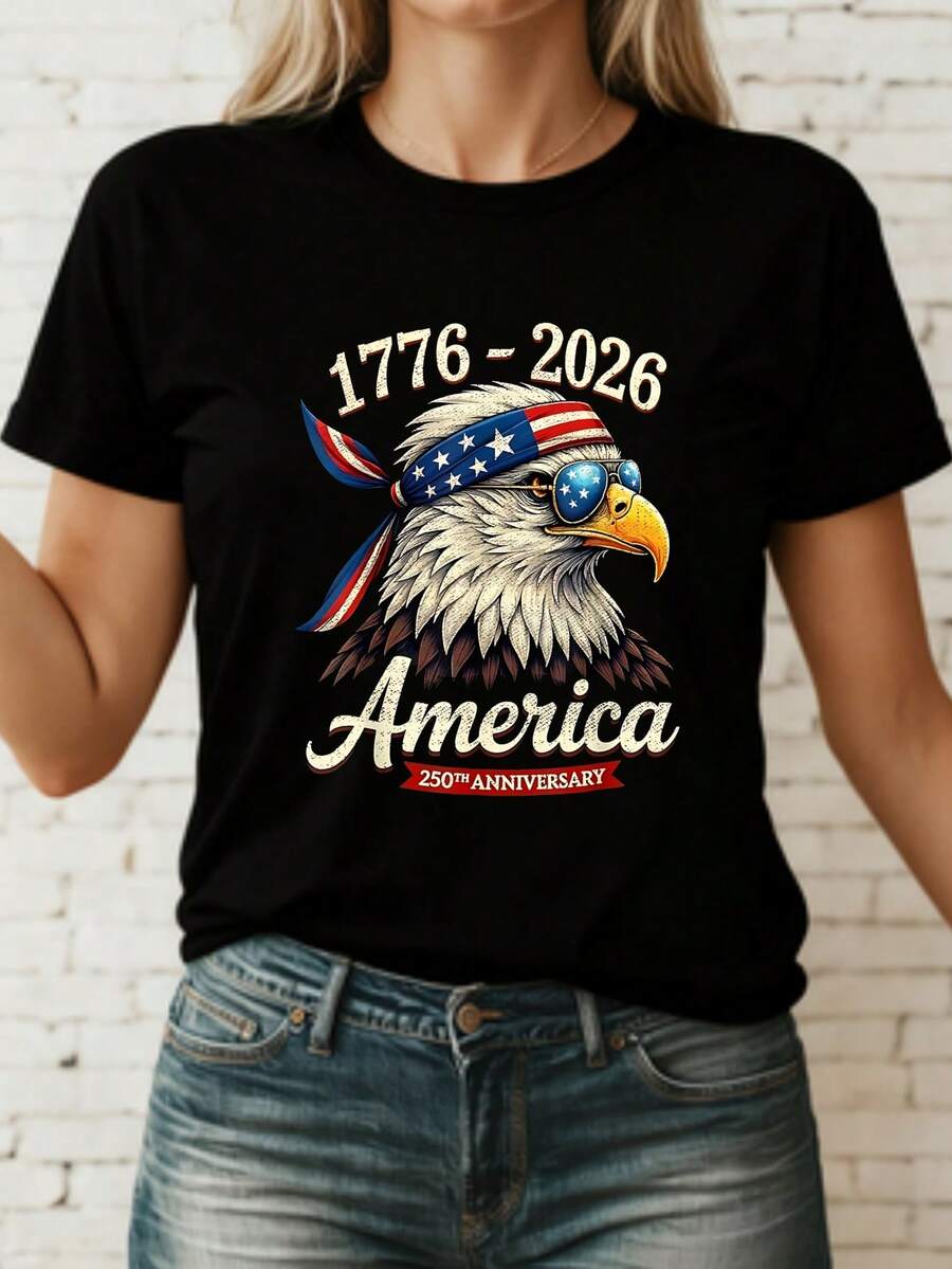 Black T-Shirt With Patriotic Eagle 1776-2026 America 250th Anniversary American Style Bandana And Sunglasses National Bird Design For Men And Women - 黑色 - 查看 1