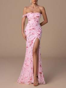 优雅的无肩带晚礼服，后背系带设计，高开衩剪裁，鱼尾裙摆，尽显曼妙身姿——完美适用于盛大晚宴、正式晚宴、舞会、正式招待会、奢华婚礼庆典以及新年礼服。 - 粉色 - 查看 3