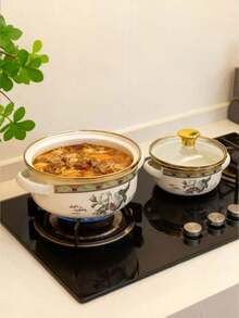 3pcs Thickened Enamel Coated Cookware Set, Includes Dual-Handled Pot With Lid, Stew Pot, Soup Pot, Noodle Pot, Mini Hot Pot, Suitable For Cooking Porridge, Milk, Stewing, Gas Stove And Induction Cooktop