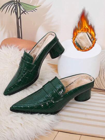 Autumn/Winter Fashion Women Mule Slip-On Round Heel Slippers Pointed Toe Cylindrical Heel High Heels Luxury Plaid High Heel Sandals, Rubber Sole, Fashionable Women's Shoes Exclusive Mini Chunky Heel Open Back Women's Sandals, Suitable For All Seasons Party, Women's High Heel Pumps Note: Runs One Size Large - Size Down For Perfect Fit