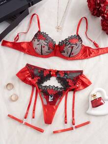 5pcs/Set Women Sexy Lingerie Set, Includes Red Lace Bra, See-Through Embroidery Bra, Seductive Panty, Waist Belt, And Leg Ring, Rave For Going Out - Red - View 4