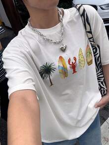 2025 Bohemian Casual Seaside Vacation Summer Breathable White Coconut Lobster Surfboard Casual Vacation Letter Printed Short Sleeve Loose T-Shirt Brunch Women's Clothing - White - View 3