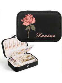 1pc Customized Name Jewelry Box, Personalized Floral PU Leather Jewelry Box, Portable Ring Necklace Zipper Storage Case Organizer - Multicolor - View 8