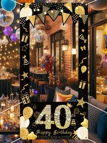 1pc 40th Birthday Photo Backdrop, Black And Gold Balloon Design - Multicolor - View 5