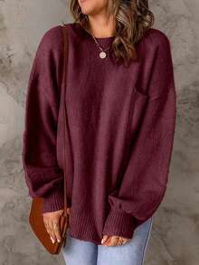 Pullover Kasual Wanita Kerah Bulat Warna Polos Bahu Longgar Saku Tempel - Jangkar merah - View 3