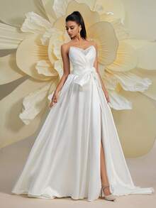 极简露肩长款婚纱，开衩设计，优雅编织面料新娘礼服 - 白色 - 查看 6