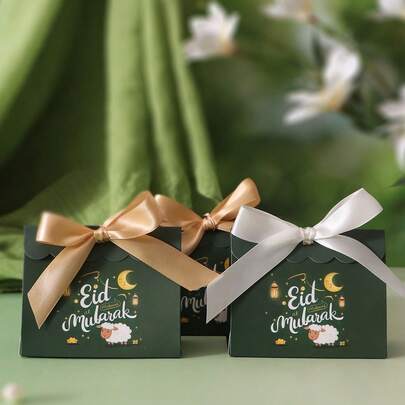 10 Pcs Eid Mubarak Cartoon Sheep & Moon-Lantern Themed Dark Green Scalloped-Top Rectangular Favor Boxes Adorned With Multi-Color Satin Bows – Ideal For Storing Mini Candies, Dainty Snacks & Eid Small Gifts, Perfect For Eid Al-Fitr Celebrations, Family Gatherings & Kids' Festive Favors