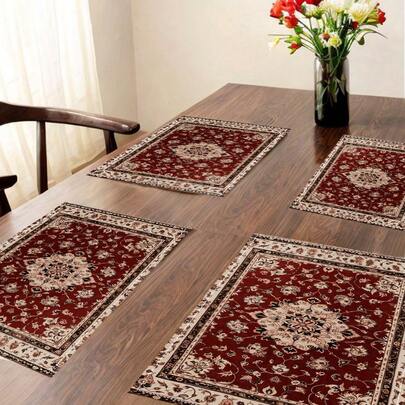 4pcs Bohemian Style Placemats, Traditional Oriental Floral Moroccan Vintage Geometric Pattern, Suitable For Home Living Room, Dining Room, Cafe Decor