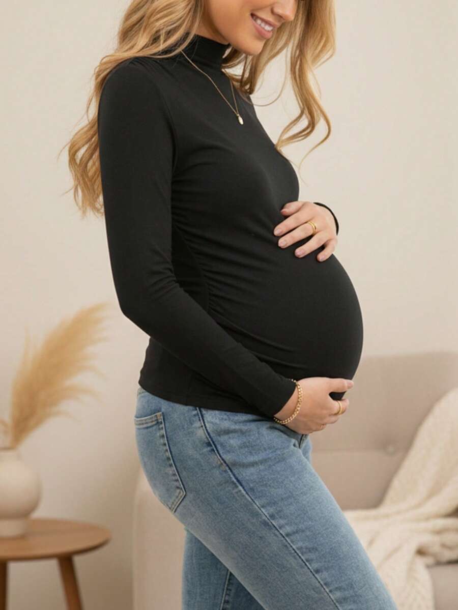 Black Maternity Long Sleeve Mock Neck Stand Collar Fitted Pleated Ruched Side T-Shirt Blouse, High Stretch Polyester Regular Length Tops For Daily Commute Casual Wear Layering - Black - View 1