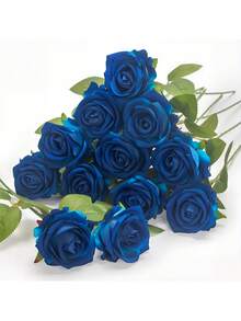12 szt. niebieskich róż, sztuczne kwiaty, prawdziwe aksamitne kwiaty z łodygami, hurtowo do dekoracji domu DIY, na wesele, imprezę, walentynkowe prezenty, sztuczna róża - Niebieski - Zobacz 11