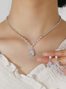 3pcs/Set Silver-Color European & American Fashion Earrings & Necklace Set, Rhinestone Detailed Jewelry Set, Suitable For Teenage Girls, Adults, Gifts For Holidays, Birthdays, Parties, Back To School