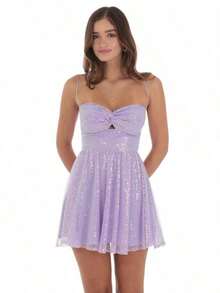 Sequin Twist A-Line Dress In Lavender Sexy One-Shoulder Long-Sleeved Sequin Dress Fashionable And Versatile Dress - 紫色 - 查看 1