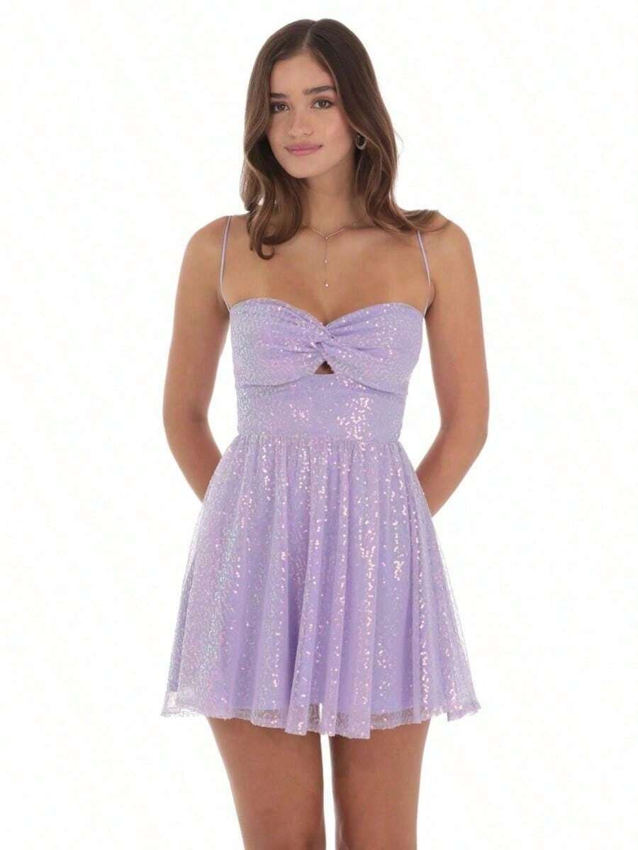 Sequin Twist A-Line Dress In Lavender Sexy One-Shoulder Long-Sleeved Sequin Dress Fashionable And Versatile Dress - 紫色 - 查看 1