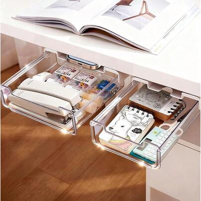 2 Pack Under Desk Storage Drawers Slide Out-Drill-On Or Self-AdhesiveLargeandMedium Drawer Under Desk Organizer Under Table Drawer For Home Office School Organization And Storage