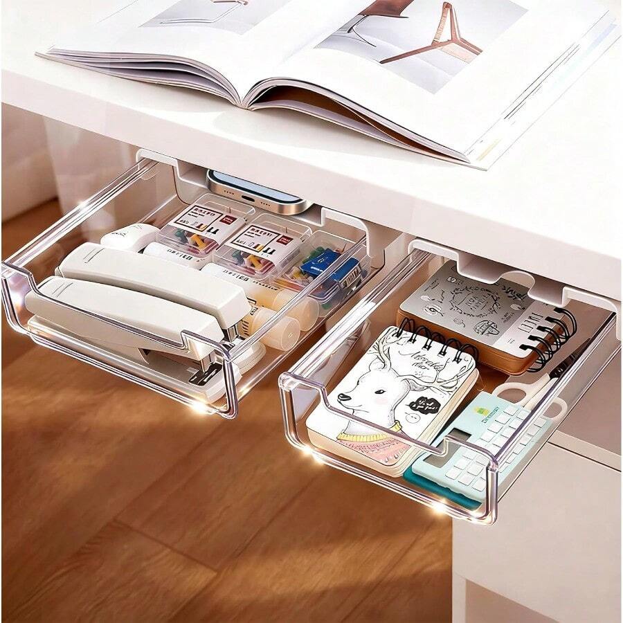 2 Pack Under Desk Storage Drawers Slide Out-Drill-On Or Self-AdhesiveLargeandMedium Drawer Under Desk Organizer Under Table Drawer For Home Office School Organization And Storage - Transparent White - View 1