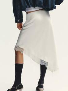 Women Asymmetrical Midi Skirts Casual Elegant Lace Hem Santin Skirt For Beach Vacation Office - 白色 - 查看 2