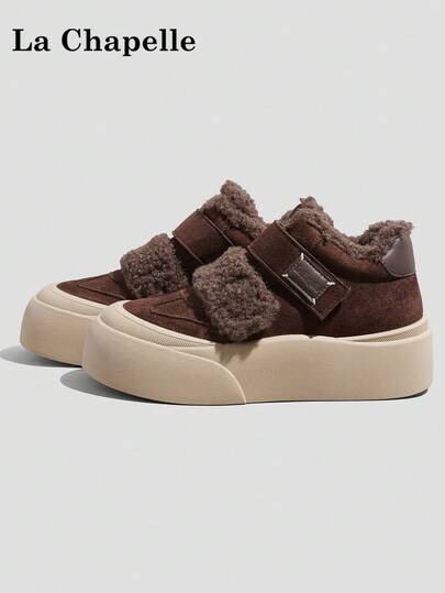 1 Pair La Chapelle Women's Casual Shoes, Soft Sole, Warm, Hook And Loop Closure, Low-Top, Outdoor Flat Shoes, Commuting Shoes, Round Toe, Low Heel, Solid Color, Elegant, Soft Sole, Suitable For Hiking, Graduation Photos, Flat Shoes, Low-Top, Leather, Warm Shoes For Women