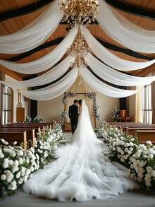 1pc White Chiffon Arch Window Curtain Sheer, Suitable For Indoor/Outdoor Wedding, Valentine's Day Decor, Ceiling Decor Ceremony, Party & Banquet Decor, Multi-Purpose Decor, Valentine's Day Wedding Backdrop Decor, Event Party Backdrop Decor - White - View 5