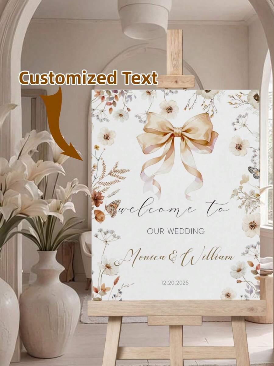 Cartel de bienvenida de boda personalizable con estilo bohemio y floral, con lazo dorado - Nombre y fecha personalizados, decoración de boda elegante en dorado, decoración de recepción, diseño moderno, plástico duradero, estilo bohemio - Multicolor - Ver 1