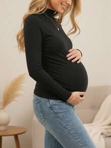 Black Maternity Long Sleeve Mock Neck Stand Collar Fitted Pleated Ruched Side T-Shirt Blouse, High Stretch Polyester Regular Length Tops For Daily Commute Casual Wear Layering - Black - View 9