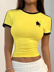 Women's Summer Round Neck Short Sleeve Contrast Color Print T-Shirt - Yellow - View 3