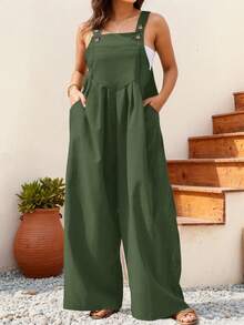 Bộ jumpsuit nữ cỡ lớn dáng rộng xếp ly, màu trơn, có túi, thích hợp cho mùa xuân/hè. - xanh quân đội - Xem 3