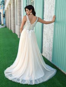 YOUKEFEIER Elegant V-Neck Lace Beaded Long Champagne Wedding Dress - Apricot - View 3