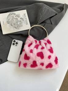 优雅心形晚宴手拿包，女士正式派对手提包，温柔甜美女孩单肩包，纯色毛绒水桶包，情人节新娘包 - 粉色 - 查看 5