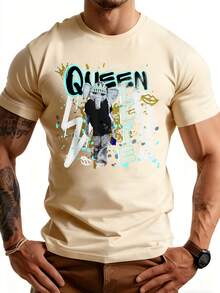 Men's Crew Neck T-Shirt With Queen Life Graphic Print, Lightning Bolt And Dollar Symbol, Versatile Casual Top For All Seasons, Suitable For Leisure And Sportswear, Fashion Gift - 杏色 - 查看 6