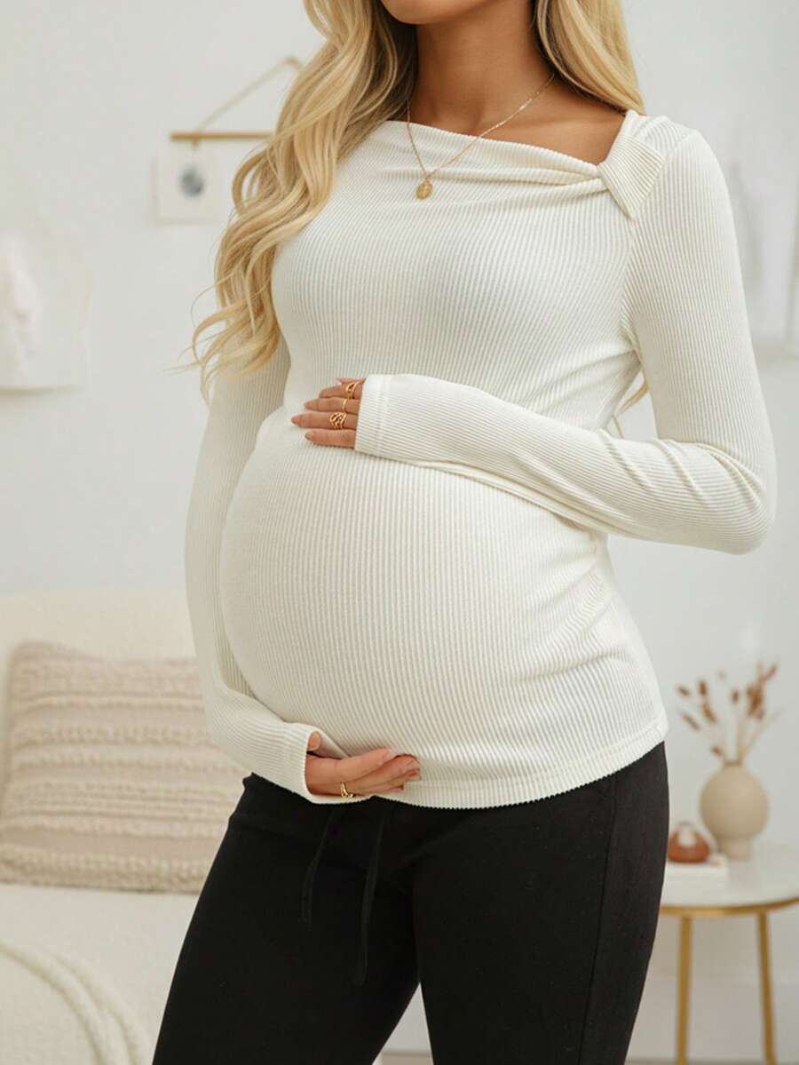 New Style Maternity T-Shirt, Solid Color, Brushed Ribbed, Asymmetrical Neckline, Pleated, Casual Long-Sleeved Top, Comfortable And Slim Fit, Suitable For Autumn And Winter(JH25062)