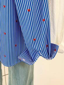 女士心形印花 Polo 领条纹衬衫 - 休闲纽扣长袖衬衫，适合春、夏、秋季日常穿着 - 深藍色條紋 - 查看 8