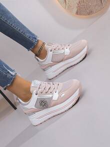 AMEIRATE Gentle Style Versatile Casual Sports Shoes, Round Toe Lace-Up Retro Metal Buckle Design, Comfortable Breathable Platform Height-Increasing Shoes - Pink - View 3