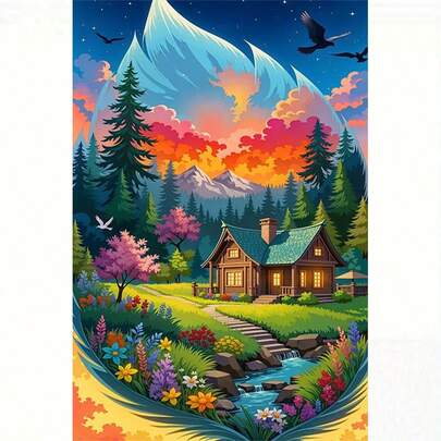 1 Set 5D DIY Diamond Painting Kit - Dreamland Cabin Diamond Painting, Night Sky Snow Mountain Forest Landscape DIY Diamond Embroidery Decorative Painting, Christmas Decorations