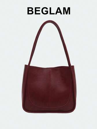 复古勃艮第女士时尚休闲百搭 PU 纯色缝制手提包，容量大，便携，经典休闲，商务休闲，适合少女、大学生、白领，非常适合工作、返校、中学、高中、大学、假期