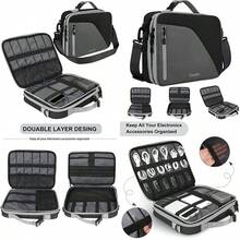 Black Double Layer Travel Cable Organizer Bag Storage Compatible With Switch Electronic Bag For 11.6 Laptop Table Gray - As Pic - View 1