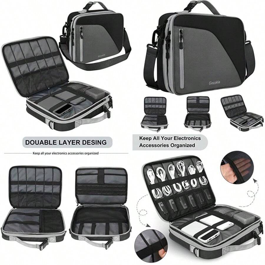 Black Double Layer Travel Cable Organizer Bag Storage Compatible With Switch Electronic Bag For 11.6 Laptop Table Gray - As Pic - View 1