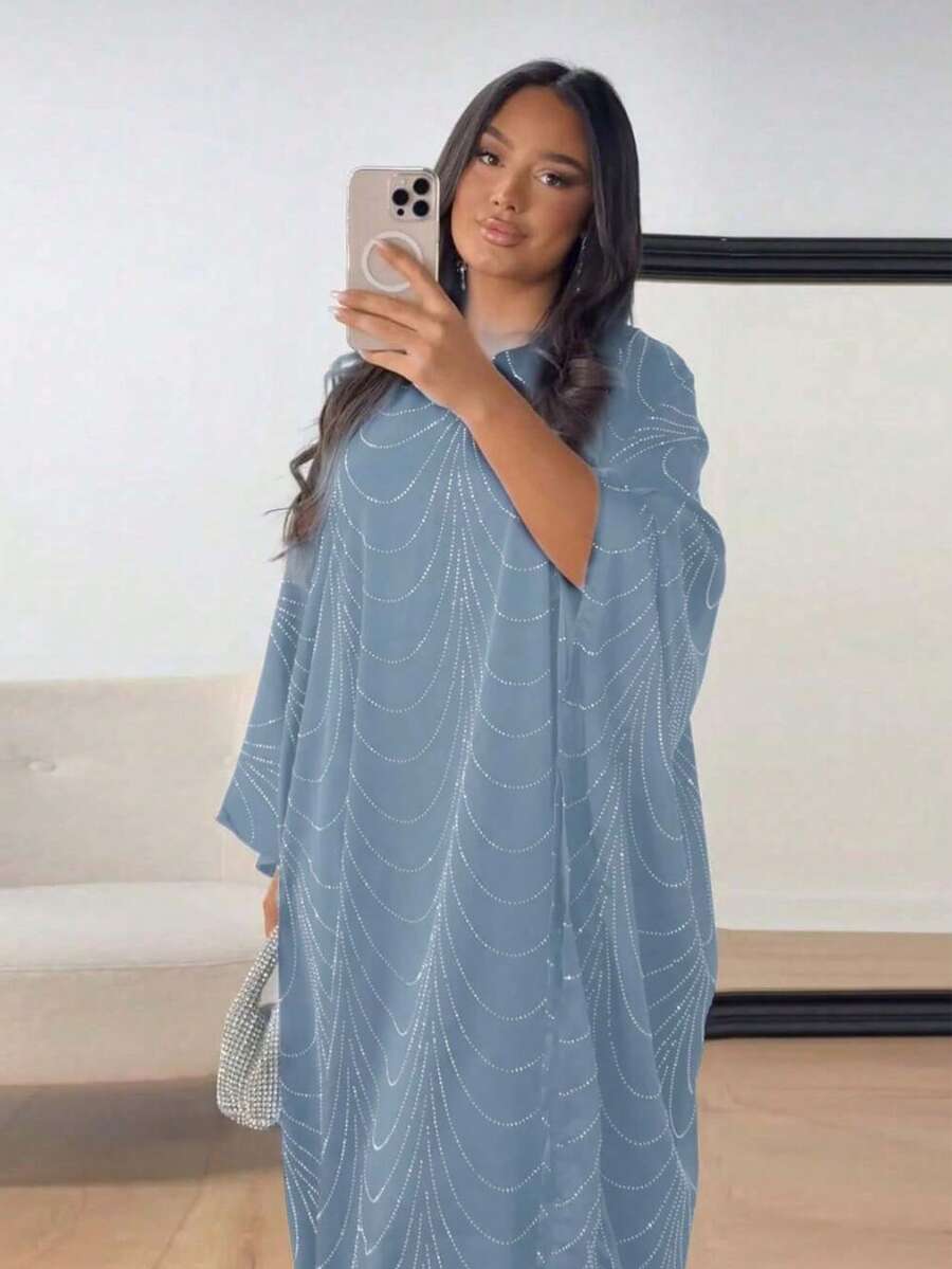 2025 Spring/Summer New Fashion Loose Rhinestone Abaya Cardigan Robe For Women - Gray-blue - View 1