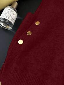 1件女士休闲纯色圆领无袖背心，侧边金属纽扣装饰 - 酒紅色 - 查看 9