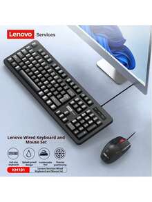 Lenovo KM101 Keyboard And Mouse Combo: Wired Mouse, Ergonomic Flat Keycaps, Silkscreened Characters That Won't Wear Off Over Time, USB Plug And Play, Suitable For Students, Offices, And Home Use. - Black - View 4