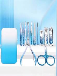 7pcs/12pcs/17pcs Ombre Ice Flower Blue Nail Clippers Set, Stainless Steel Nail Scissors, Personal Care Tools, Portable Manicure Beauty Tool Kit, Suitable For Home, Travel, Gifts - Multicolor - View 3