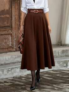 Versatile Casual Commute Solid Color High Waist A-Line Skirt - Reddish Brown - View 1