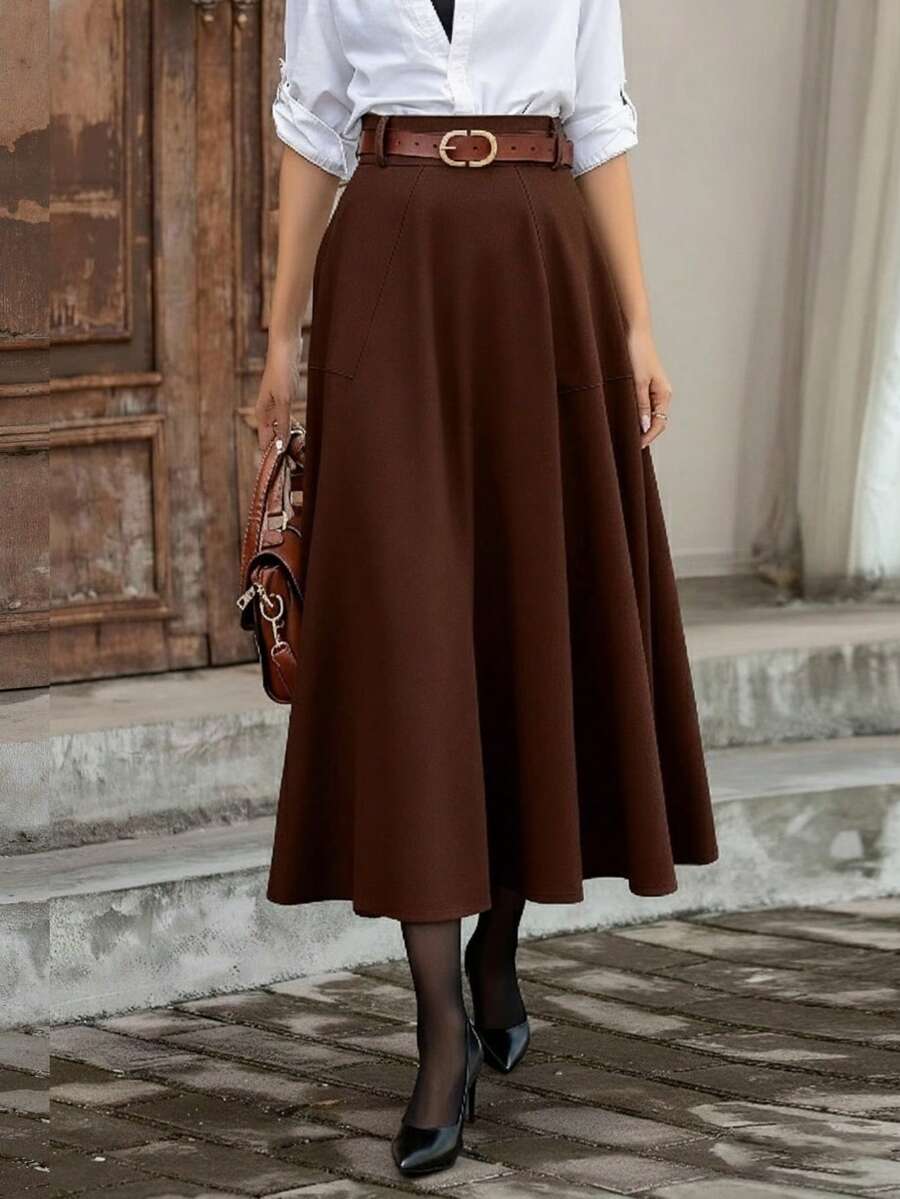 Versatile Casual Commute Solid Color High Waist A-Line Skirt - Reddish Brown - View 1