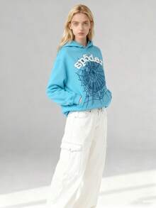 Men's Y2K Hoodie Hip Hop Spider Web Lettering Printed Sweatshirt - 天藍色 - 查看 4