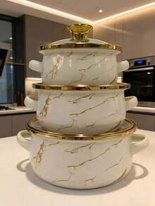 3pcs Thickened Enamel Coated Cookware Set, Includes Dual-Handled Pot With Lid, Stew Pot, Soup Pot, Noodle Pot, Mini Hot Pot, Suitable For Cooking Porridge, Milk, Stewing, Gas Stove And Induction Cooktop