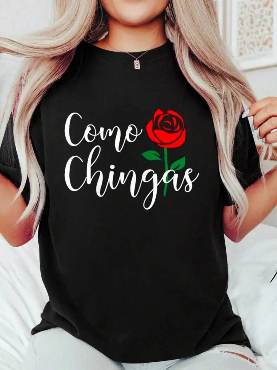 Women's T-Shirt Gift For Mexican Mom - T-Shirt With "Like Chingas" And Red Rose Pattern, Black Crew Neck, Summer Top, Casual Fashion Design For Women, Suitable For All Seasons, Casual Wear T-Shirt | Fun Pattern T-Shirt | Comfortable Fit Shirt, Winter Clothing For Women, Blouses For Women, Tops For Women, Blouse - 背面 - 查看 1