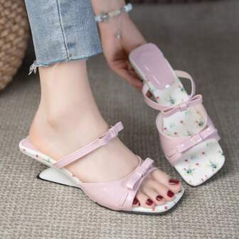Women's Fashion Chunky Heel Floral Slip-On Bow Casual Versatile Comfortable Cute Slip-On Lightweight High Heel Shoes, Light Pink
