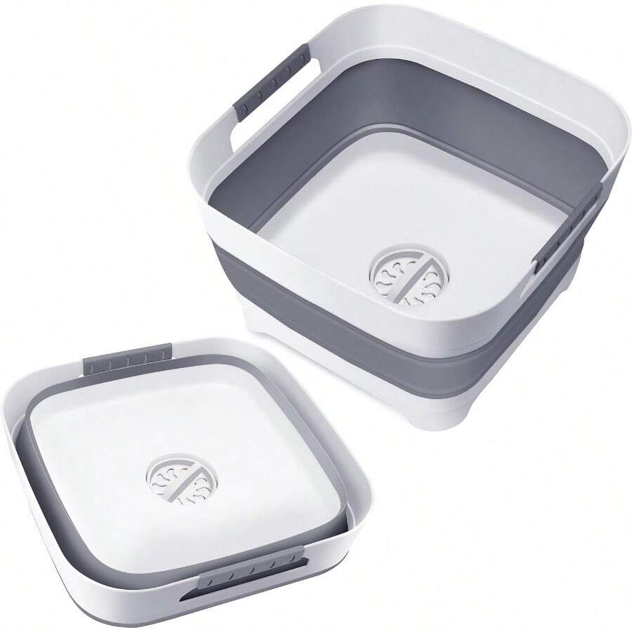 Upgraded 2.4 Gal 9L Collapsible Dish Basin With Drain Plug Space Saving Multiuse Foldable Sink Tub Dishpan Beverage Tubs For Camping Vegetable Washing RV(Gray) - 灰色的 - 查看 1