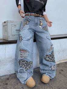 1件男士美式街头风刺绣做旧阔腿牛仔裤，宽松休闲舒适学院风毛边裤脚百搭牛仔裤（不含腰带或配饰） - 藍色 - 查看 7