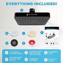 SparkPod Cabezal de regadera -Lluvia de alta presión -Diseño cromo moderno y lujoso -Instalación sencilla sin herramientas -El reemplazo ajustable perfecto para los cabezales de regadera de tu baños - Negro medianoche mate - Cuadrado de 6" - Ver 9